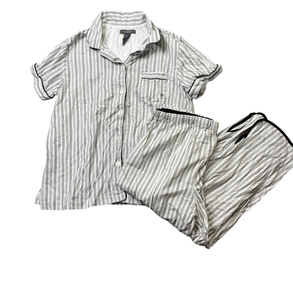 Liz Claiborne Large Pajama Set Black White Grey Button Top Elastic Waist